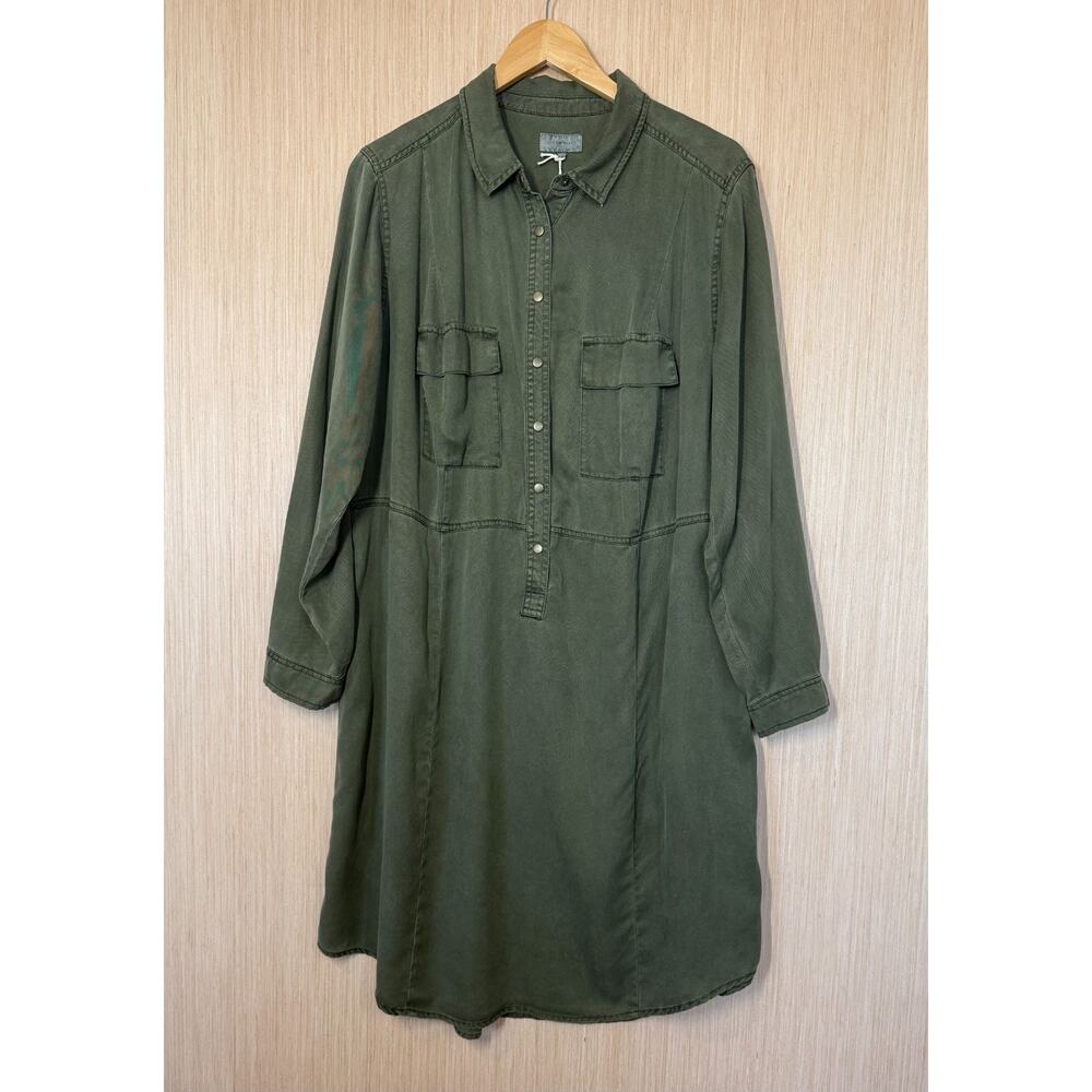 NEW Lucky Brand Midi Shirt Dress Size 2X Olive Green Lyocell Utility Pockets